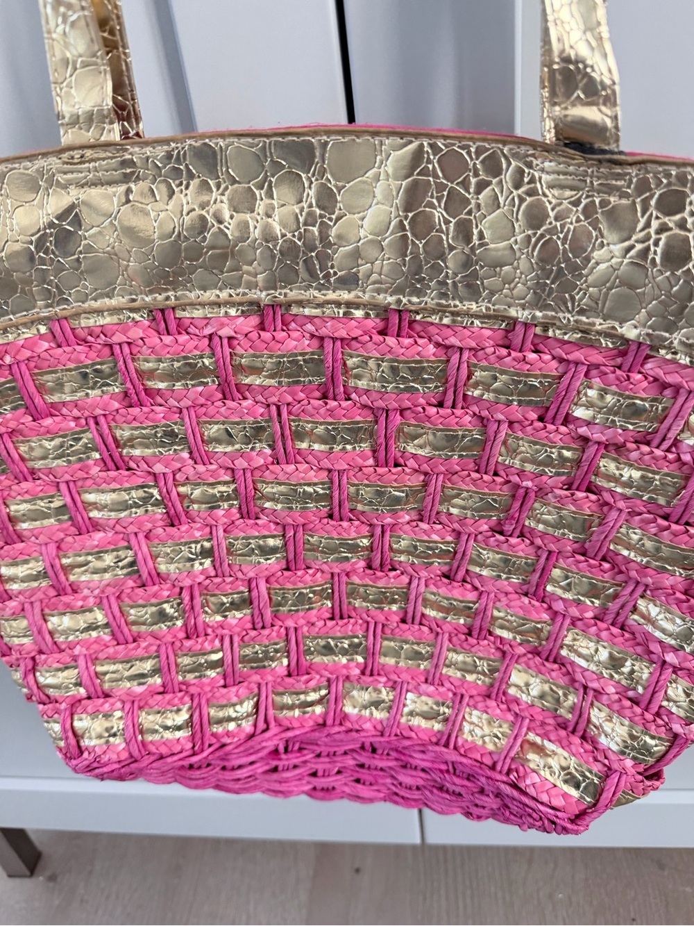 New Vintage Big Buddha Gold & Pink Woven Tote Bag Stylish Beach & Everyday Carry - Picture 2 of 8